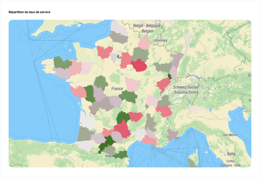 Carte interactive du tableau de bord logistique, illustrant la répartition du taux de service